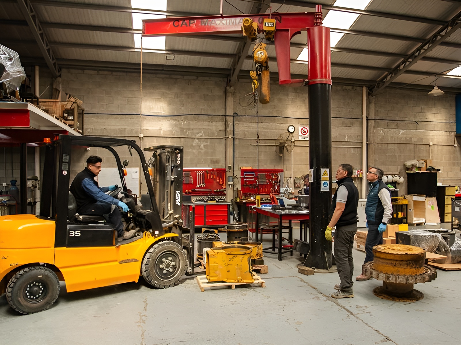 Operations manager reviewing mining equipment parts order with a heavy equipment parts supplier at an industrial site