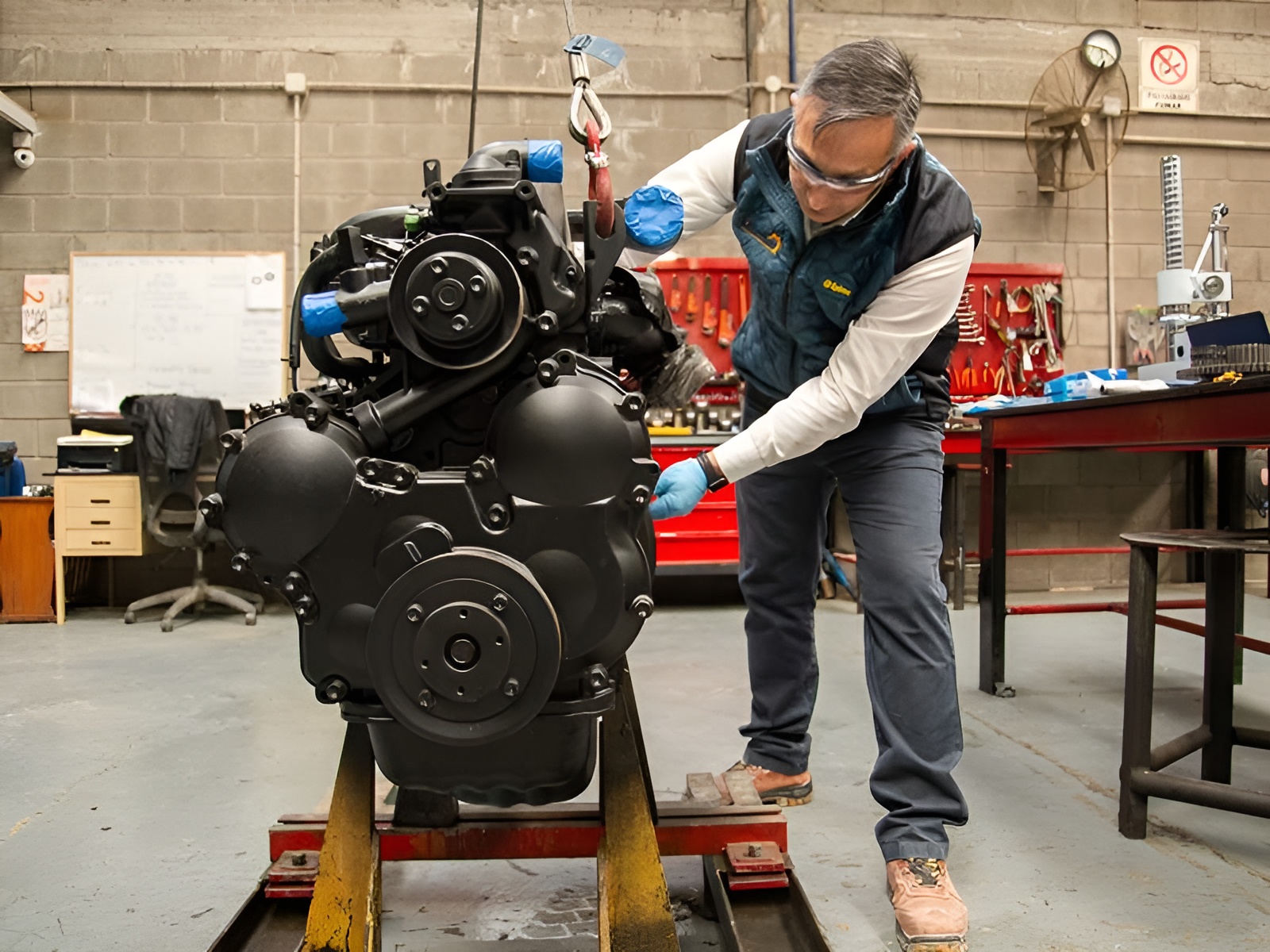 Mining technician and parts supplier reviewing heavy equipment configuration and replacement parts at an industrial facility in Miami