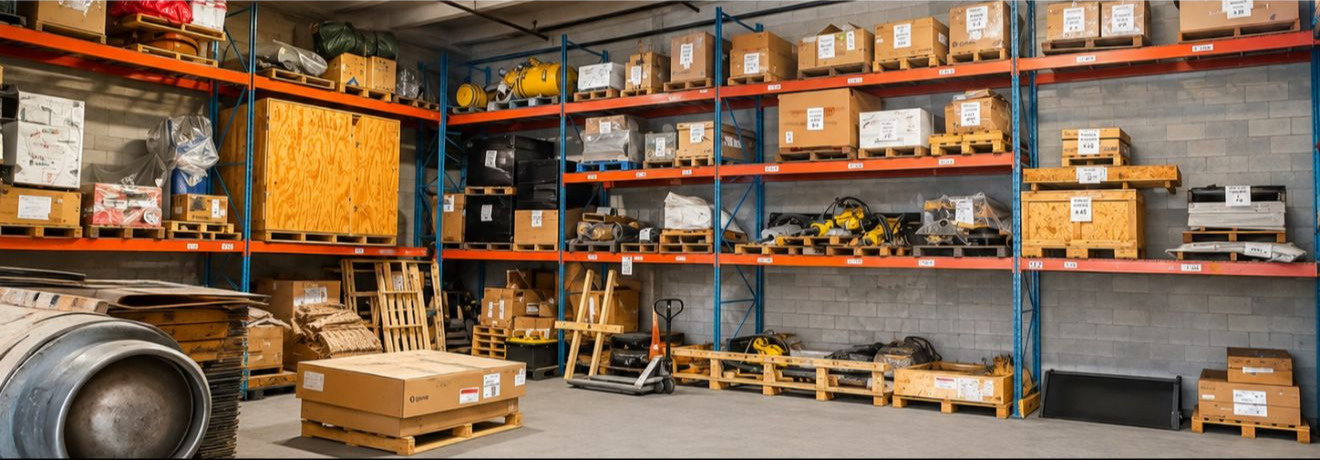 Buyer inspecting used mining machinery parts before purchase